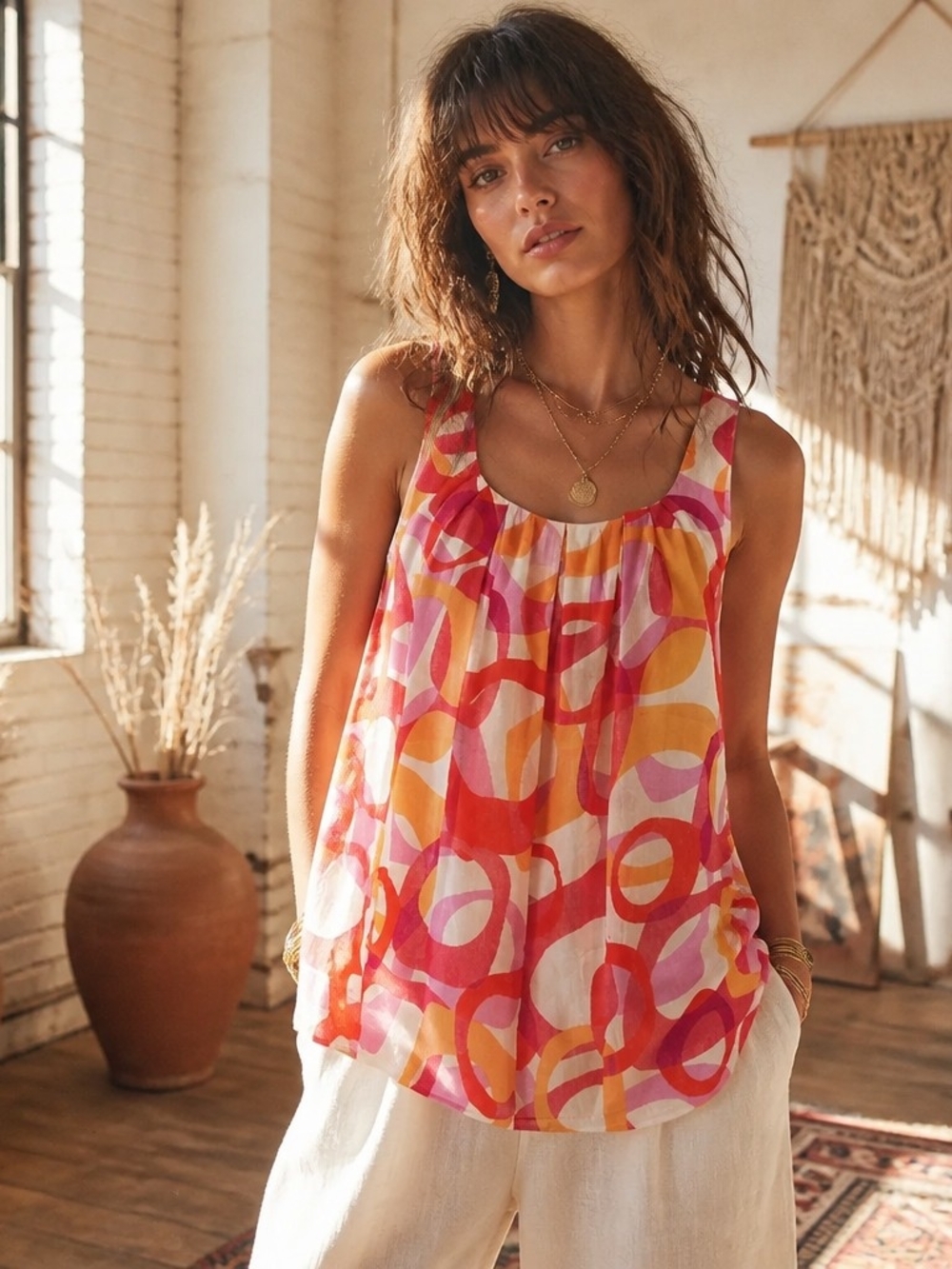 Spense Sleeveless Abstract Circle Print Tank in Pink, Red & Orange